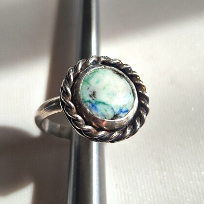 Handcrafted Azurite Statement Ring – Round Stone with Twisted Rope Silver Setting